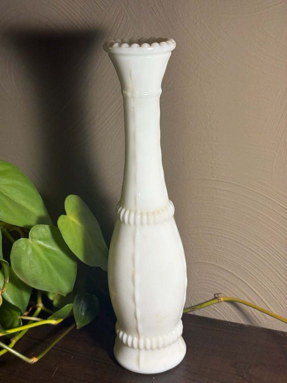 Vintage Milk Glass 10.5 inch Bead and Stitch Design Bud Vase